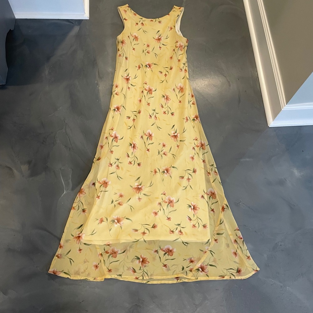 VTG Giorgio Fiorlini Butter Yellow Floral Chiffon Maxi Dress 11/12 Fairy Cottage